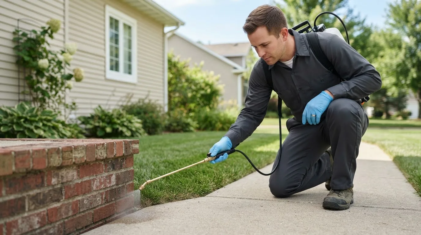 Pest control technician treating a home near Persia, IA